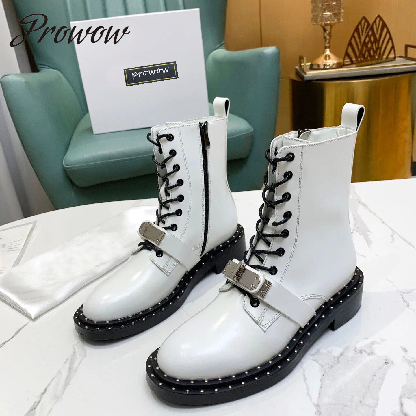 

Prowow New Genuine Leather Metal Studded Designer Ankle Boots Low Heel Comfortable Boots Winter Boots Shoes Women