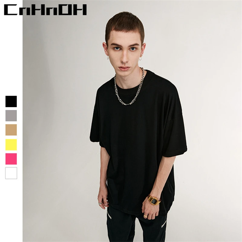 

CnHnOH Spring And Summer New Streetwear Fashion Brand Chic Solid Color Tee Loose Short-Sleeved T-Shirt Men K067