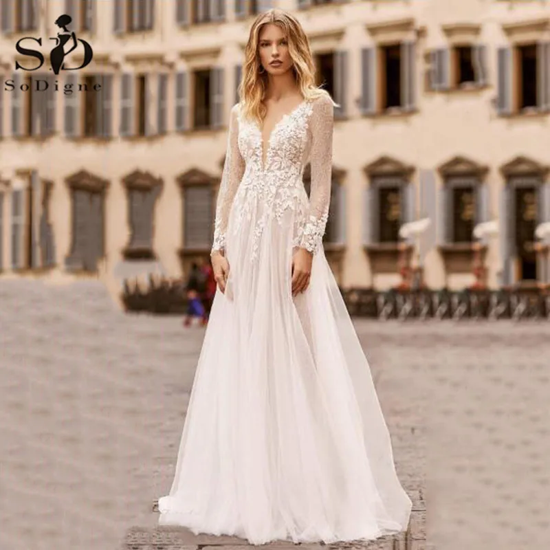 

Свадебное платье с длинными рукавами, кружевной аппликацией из фатина