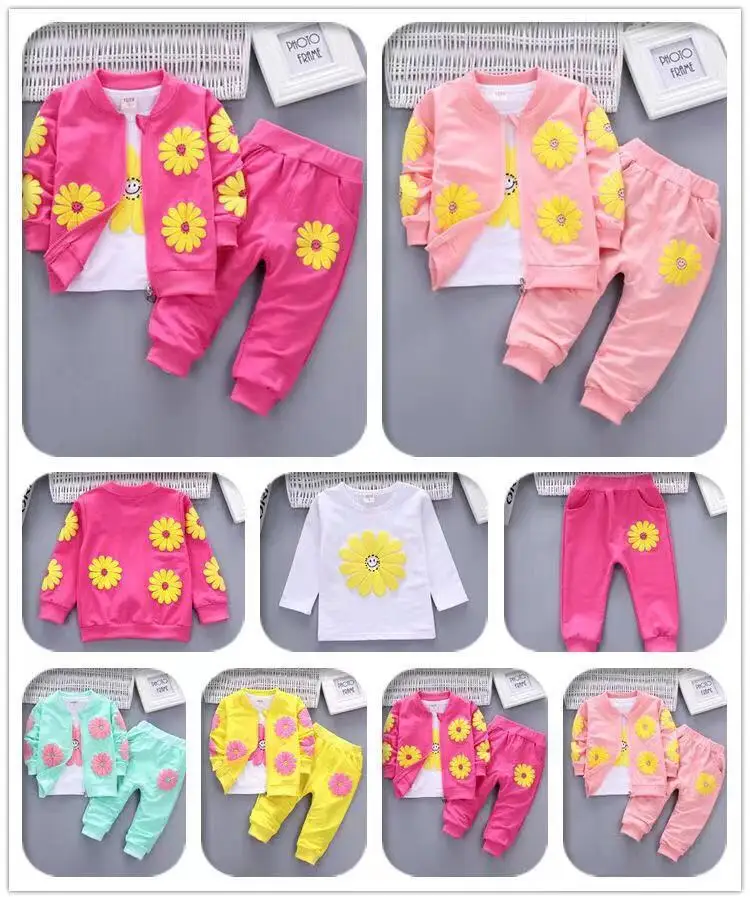 

Kids Boys Girls Spring Fall Rabbit T Shirt+ Coat +Pants 3PCS Sets Children Long Sleeve Sports Baby Pink Flowers Clothes