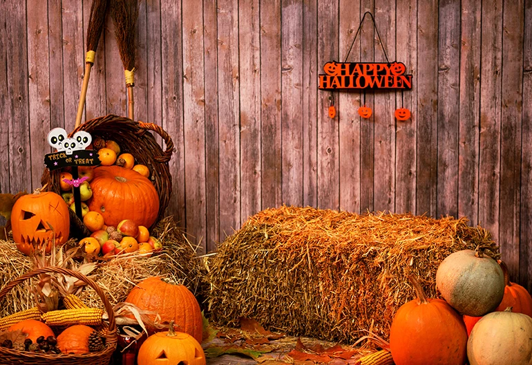Capisco Halloween Pumpkin Photography Backdrop Rustic Wood Wall Barn Haystack Background Decoration Photo Studio Booth Props