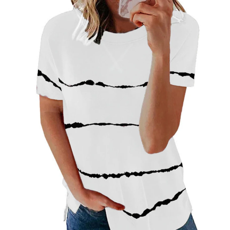 

Women's Clothing Spring and Summer New Fashion Women's Tie-dye Printed Striped Loose Short-sleeved T-shirt Plus Size