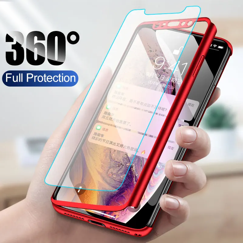 Жесткий PC ABS 360 чехол для iPhone XS Max XR X с закаленным стеклом на 6 6s 7 8 + Plus 5 5S Se матовая