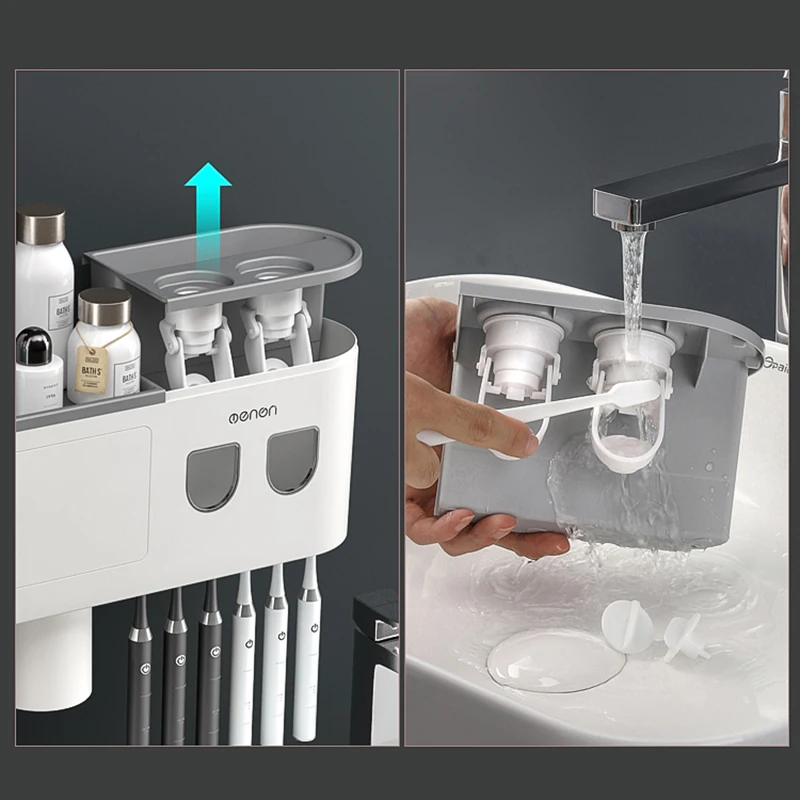 Dispensador autom&aacute;tico doble de pasta de dientes, dispensador de pasta dental con taza invertida de adsorci&oacute;n magn&eacute;tica, soporte para cepillo de dientes, estante de almacenamiento para Ba&ntilde;o-3