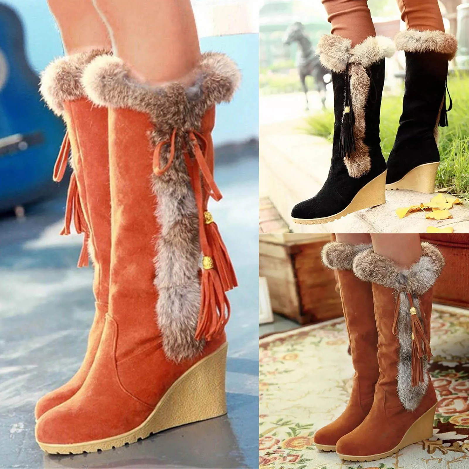 

Женские новые модные зимние Ботинки на каблуке, длинные ботинки-туфли, пушистые теплые ботинки, модные дизайнерские ботинки, распродажа