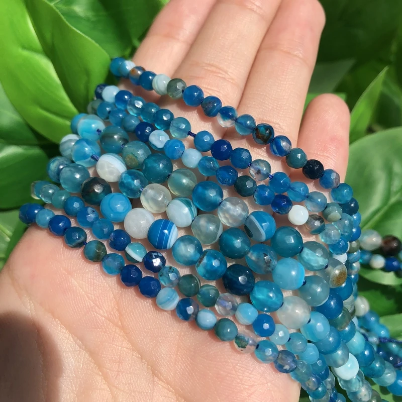 

Natural Stone Faceted Blue Stripes Agate Round Loose Spacer Beads for Jewelry Making Handmade Diy Necklace 4 6 8 10 12mm 15''