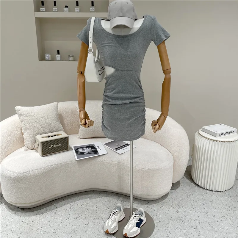 

Women's Spring Summer 2021 Fashion Round Neck Niche Design Solid Short Sleeves Fold Slim Dress