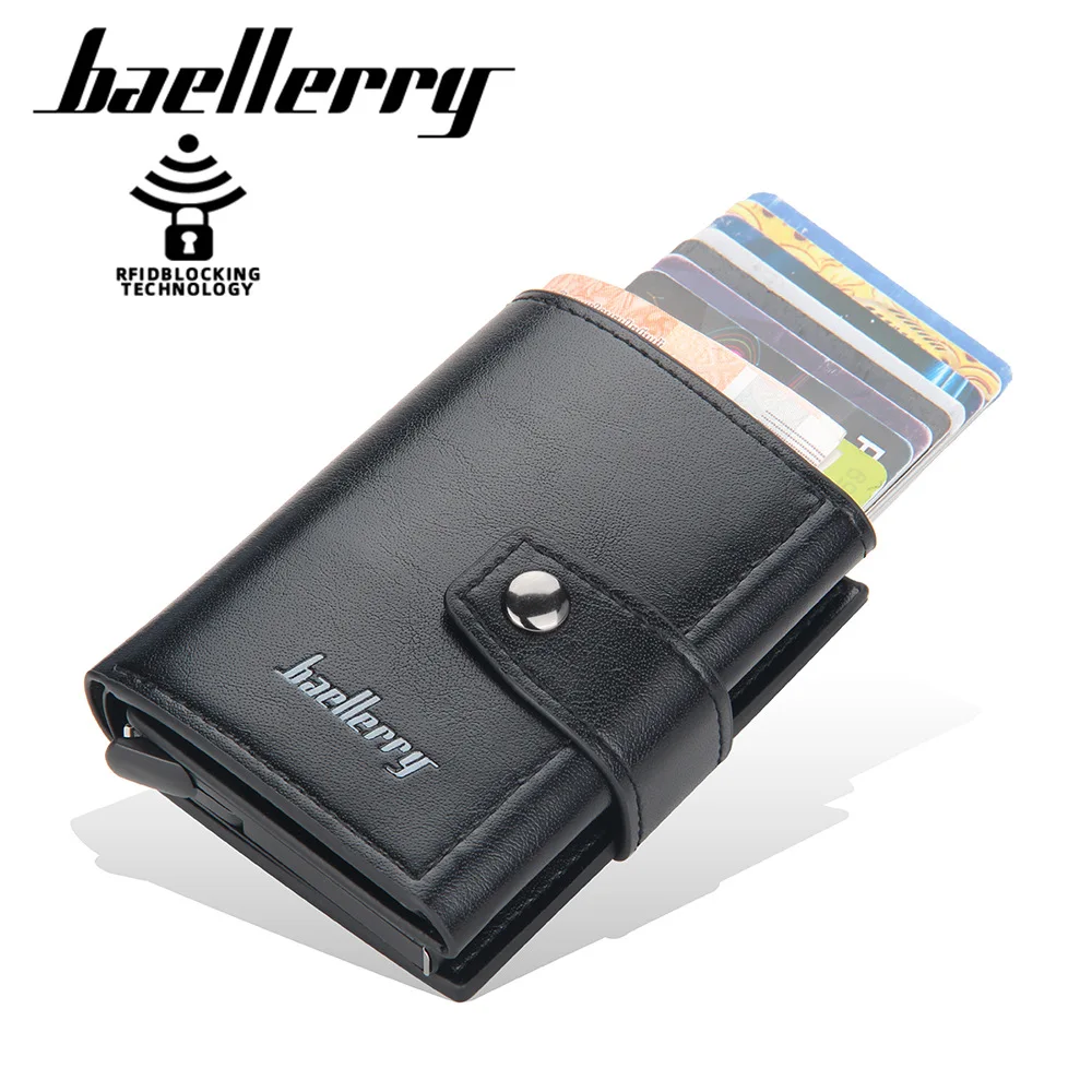 

Baellerry RFID Men's Card Holder Automatic Spring Card Buckle Card Holder New PU Leather Metal Aluminum Shell Card Box