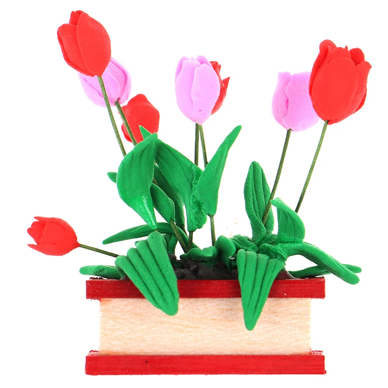 Hot sale Mini Model Tulip Flower Pots Wooden Toy House Decoration 1:12 Dolls Furniture DIY Dollhouse Garden Accessories | Игрушки и