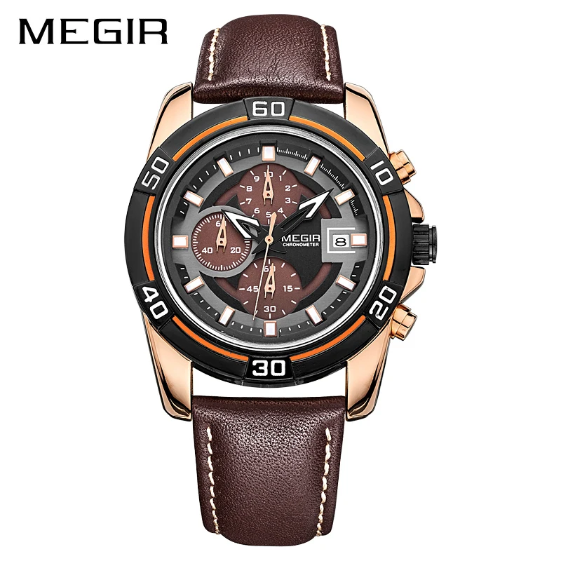 

MEGIR Top Brand Men Business Watch Luxury Leather Strap Rose Gold Case Chronograph Quartz Watches Clock Men Relogio Masculino