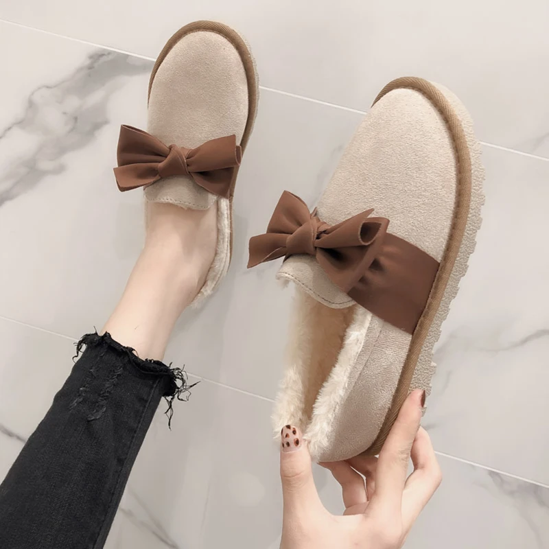 

Bow-Knot Slip On Shoes For Women All-Match Clogs Platform Casual Female Sneakers Loafers Fur Autumn Round Toe Butterfly Slip-on