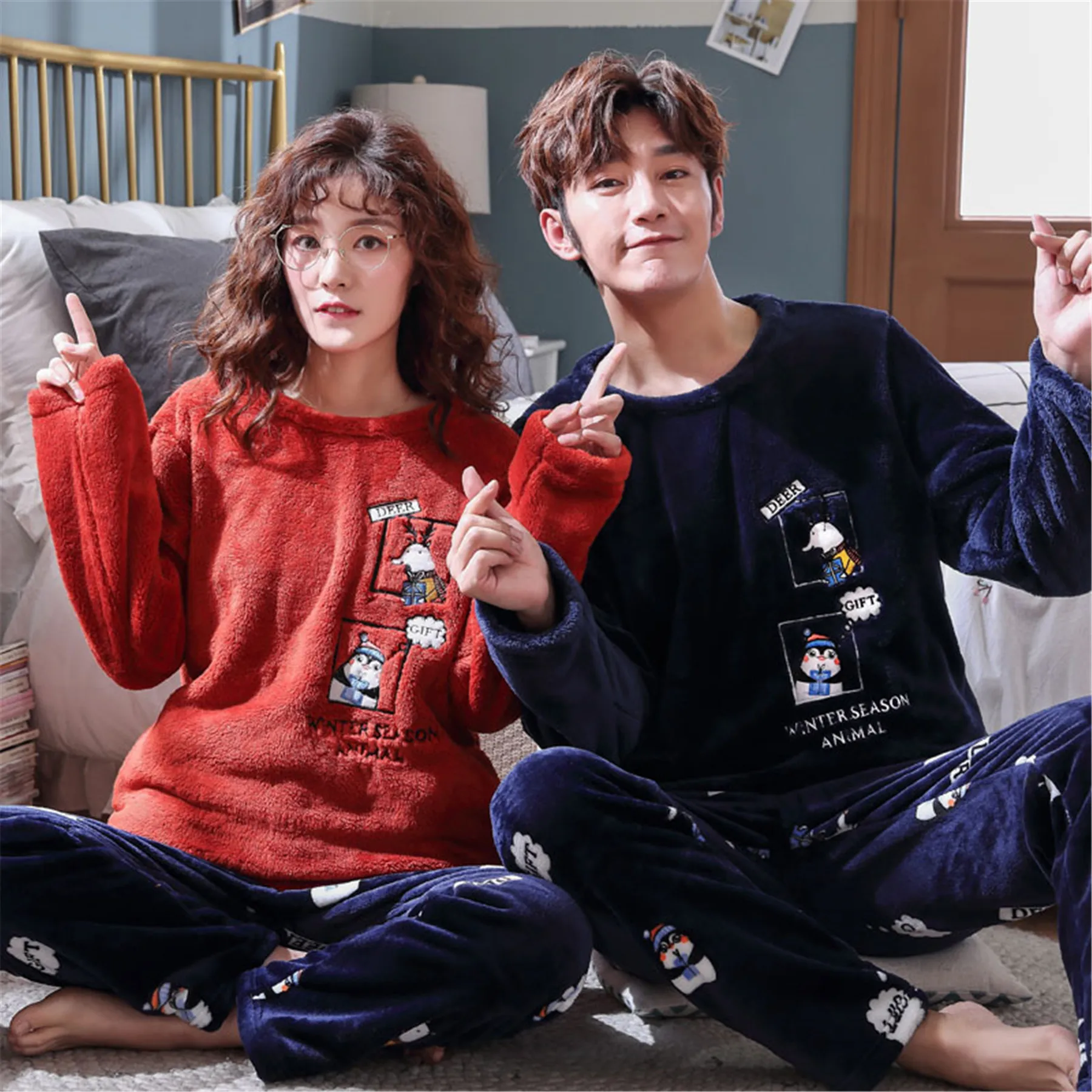 

Loungewear Men Women Couple Pajama Set Home Suit Warm Flannel Home Clothes Sleepwear Christmas Plus Size