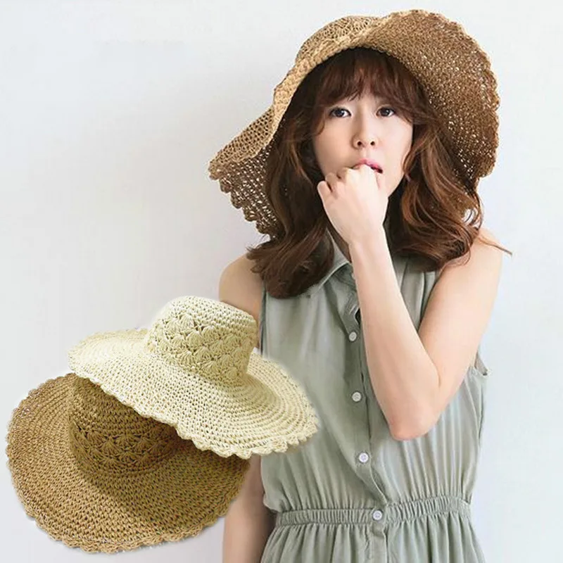 

Складные женские летние шляпы от солнца, пляжные соломенные шляпы ручной работы с отверстиями, Женские соломенные шляпы с широкими полями