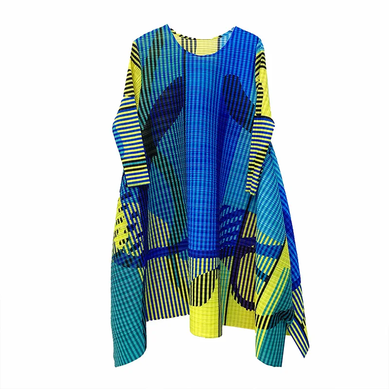 

Plus Size Dress For Women 45-75kg 2021 New Spring Summer Print Loose Elastic Casual Irregular Miyake Pleated Dresses Knee Length