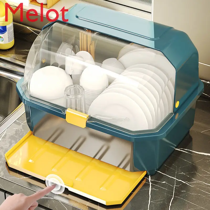 

Tableware Storage Box Dish Container Draining Bowl Rack Kitchen Household Plastic Cupboard with Lid