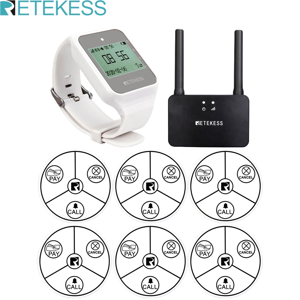 

Retekess ресторан пейджер вызова официанта беспроводной TD108 часы приемник + 6 шт. TD014 автономная кнопка вызова + TD023 усилитель кафе