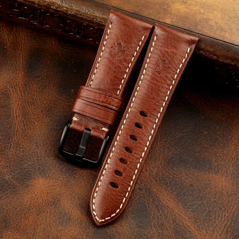 

Handmade leather strap 26MM wide retro crazy horse leather men Automatic leather Watch Band with stainless steel buckle for male