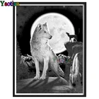 Алмазная живопись Луна 5D сделай сам, полноразмернаякруглая мозаика с изображением волка, черного и белого цветов, с изображением водопада