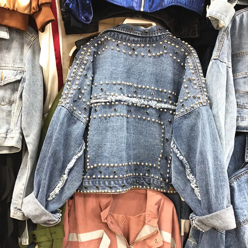 

2019 Spring Autumn Denim Clothes New Women's Loose Hand-studded Rivets Drill Rhinestone Denim Jacket Short Oversize Coats