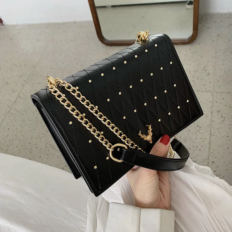 

Pu Leather Crossbody Bags For Women 2021 Rivet Chains Shoulder Messenger Bag Female Ladies Hand Sling Luxury Handbags Designer