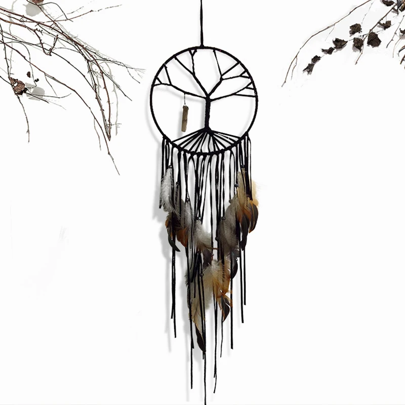 OHEART Indian Black Tree of Life Dream Catcher with Feather Wind Chimes Wall Hanging Pendant Decor Dreamcatcher for Kids Bedroom