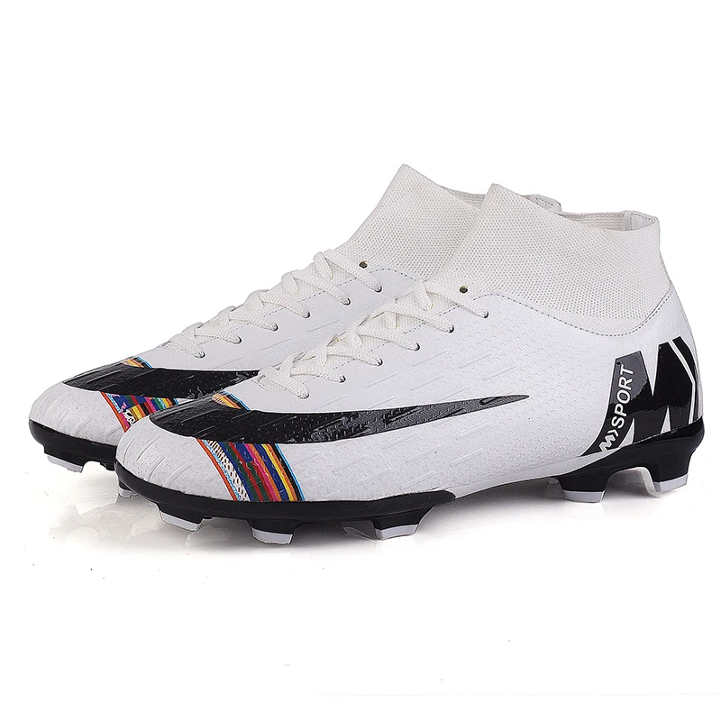Men Football Boots Soccer Cleats Long Spikes TF Ankle High Top Sneakers Soft Indoor Turf Futsal Rubber Sole 22 |