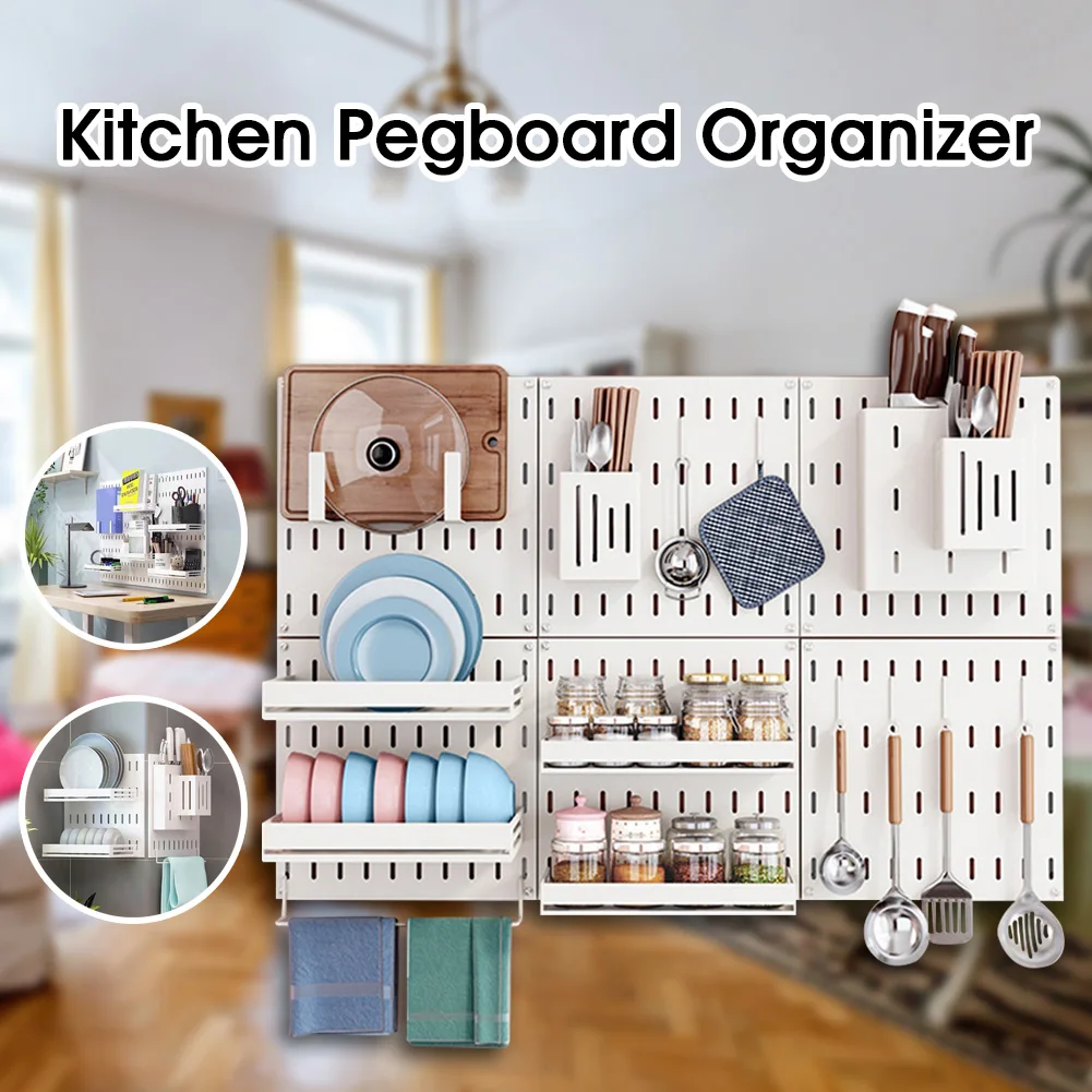 

Kitchen Pegboard Organizer DIY Wall-Mounted Shelf for Pots, Pans, Dishes, Knives, Utensiles, Towel