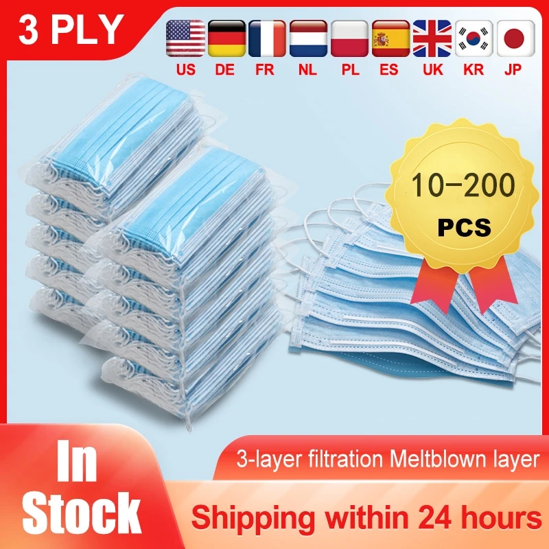 

10-200 PCS Mouth Face Masks Disposable Mascarilla 3Ply Ear Loop Breathable Cover Fashion Mask Fabric Mouth Caps