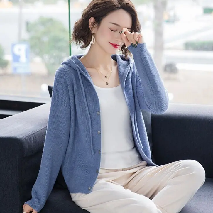 

Women 2021 Spring Autumn Casual Hooded Thin Knitted Sweater Female Loose Cardigans Coat New Ladies Solid Outerwear NS4637