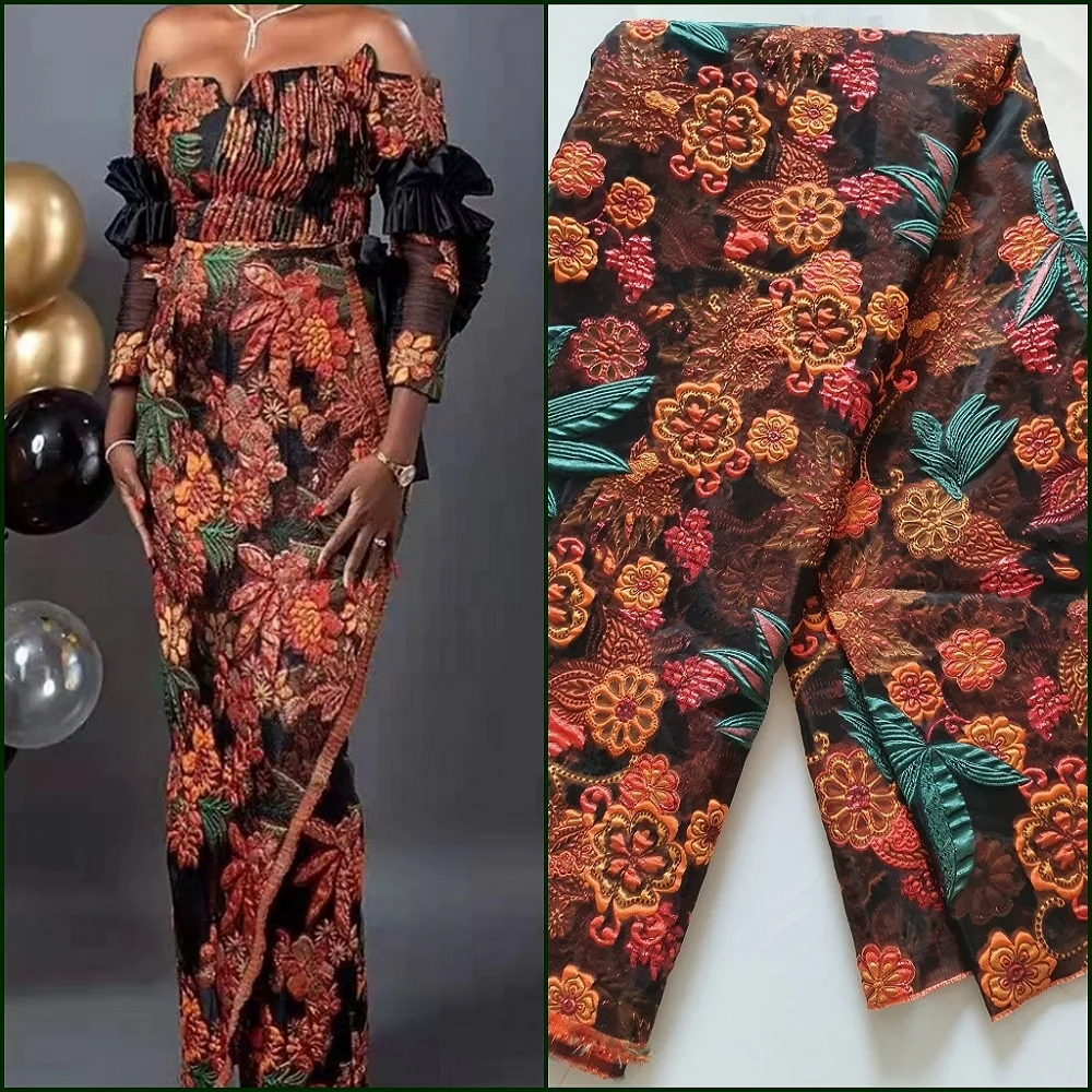

3D Flower African Nigerian Organz Silk Dress Clothing Fabric Orange For Event Party Costumes Prom Spring and Summer Catwalk