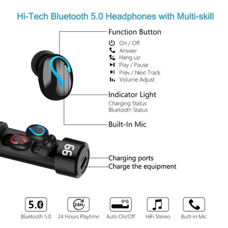 Беспроводные наушники Q67 Bluetooth 5 0 TWS Спортивная гарнитура для режима свободные