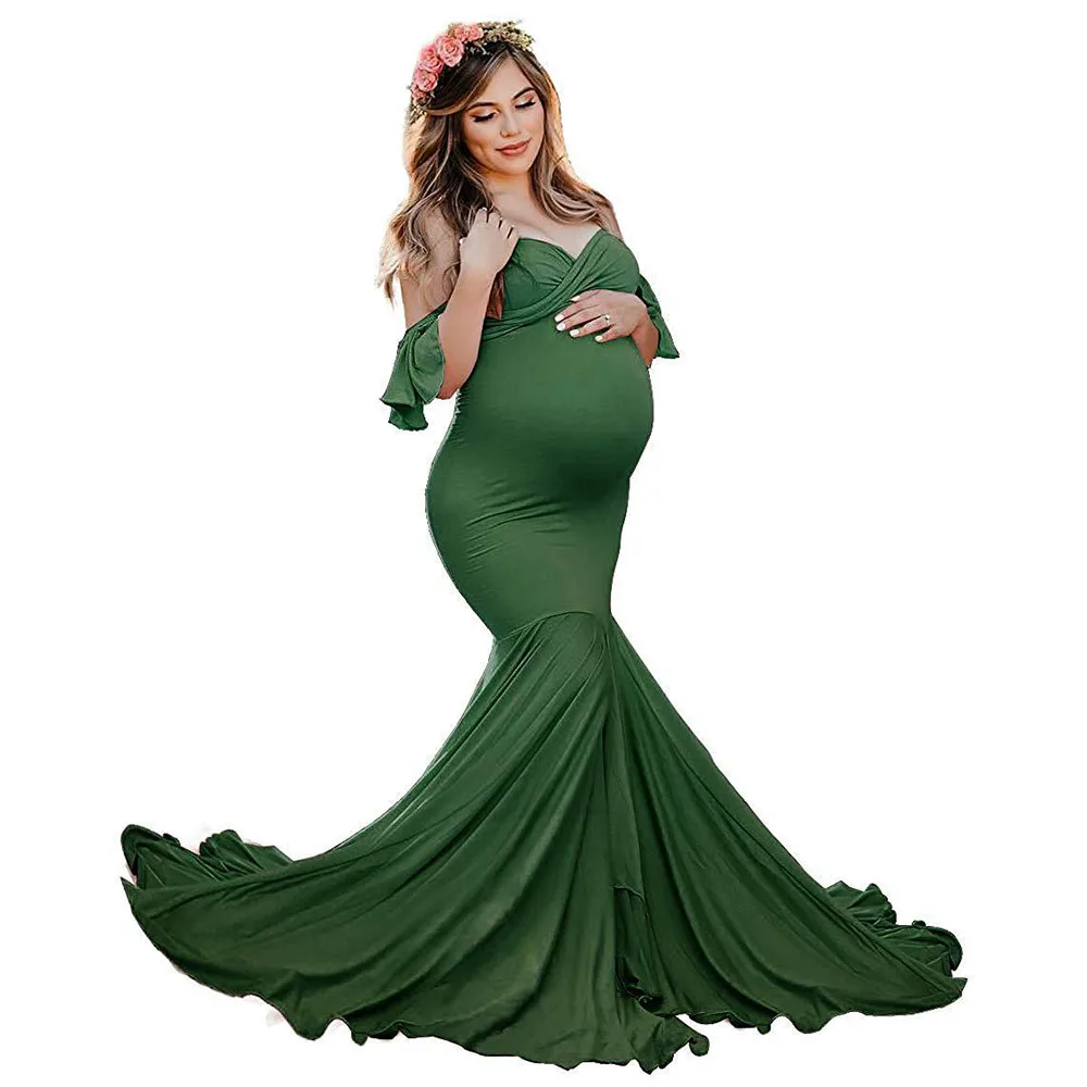 Vestidos de maternidad con cuello en V para sesi&oacute;n de fotos, vestido Sexy de manga con volantes para el embarazo, vestido Maxi elegante para fotograf&iacute;a, novedad de 2020-1