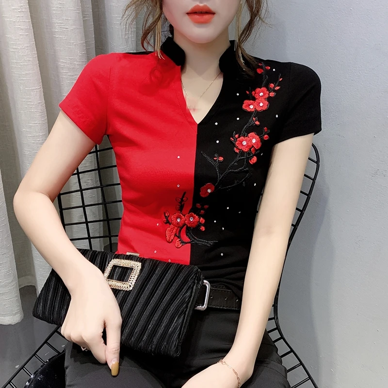 

FAKUNTN Summer Fashion Folk Clothes Sexy Patchwork Embroidery Diamonds T-shirt Women Tops Ethnic Ropa Mujer Shirt Tees T02005