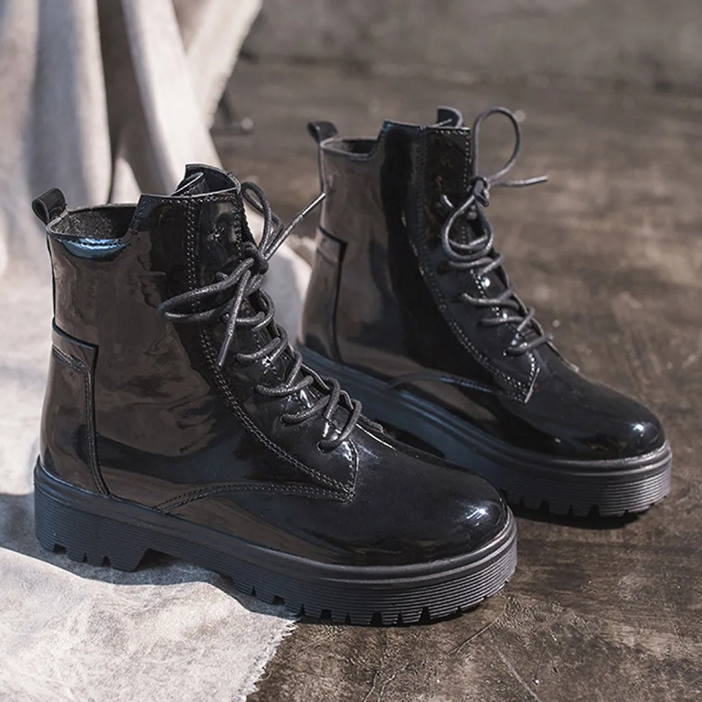 

Women Shoes Bright Leather Ankle Square with Flat Martin Boots Short Boots Pointed Shorts boots single shoes Autumn Cool