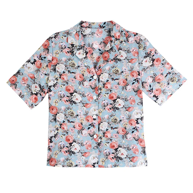 

2021 short-sleeved chiffon flower shirt v-neck floral upper loose shirt female retro Hong Kong flavor