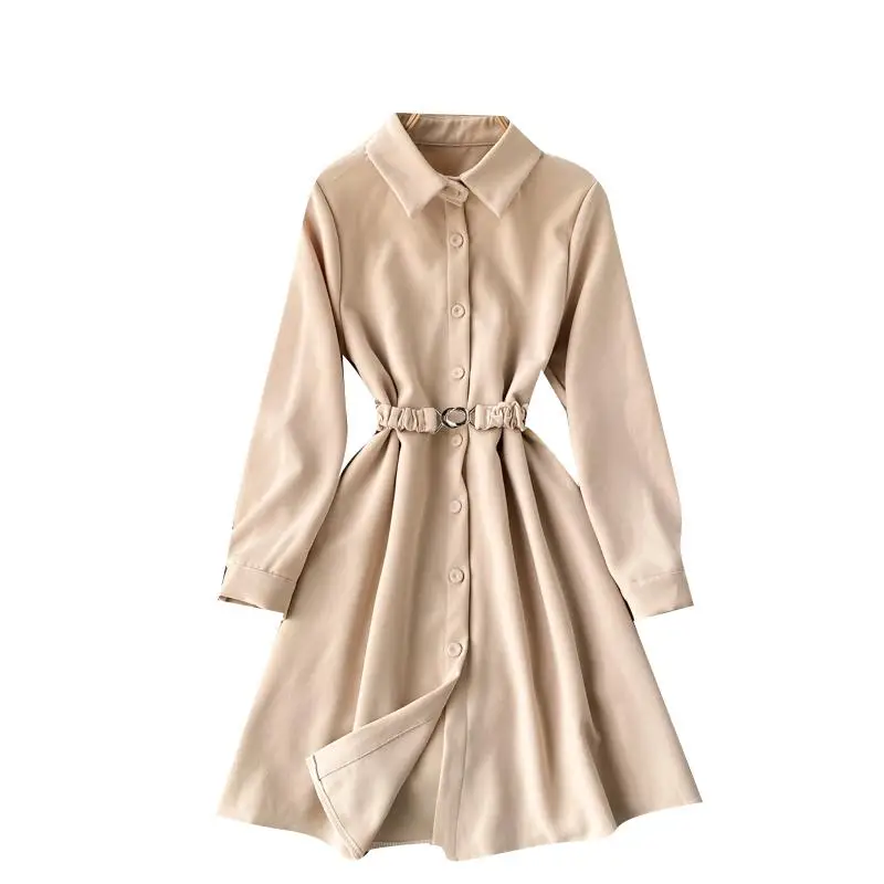 

Turn Down Collar Long Sleeve Ol Dress Women High Waist Hip Sashes Slim A Line Vestidos Spring 2021 New Solid Robe Wild