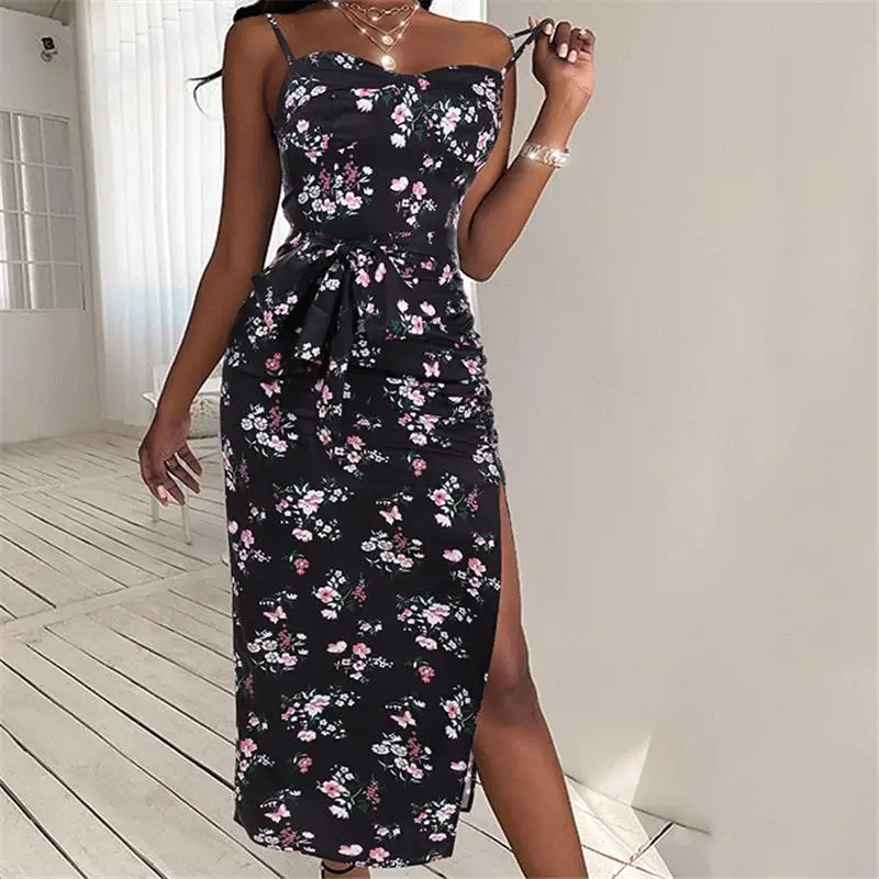 

Floral Print Dress Women Party Dresses New Casual Sling Long Dress Side High Split Dress For Women Clothing Bandage Woman Robe