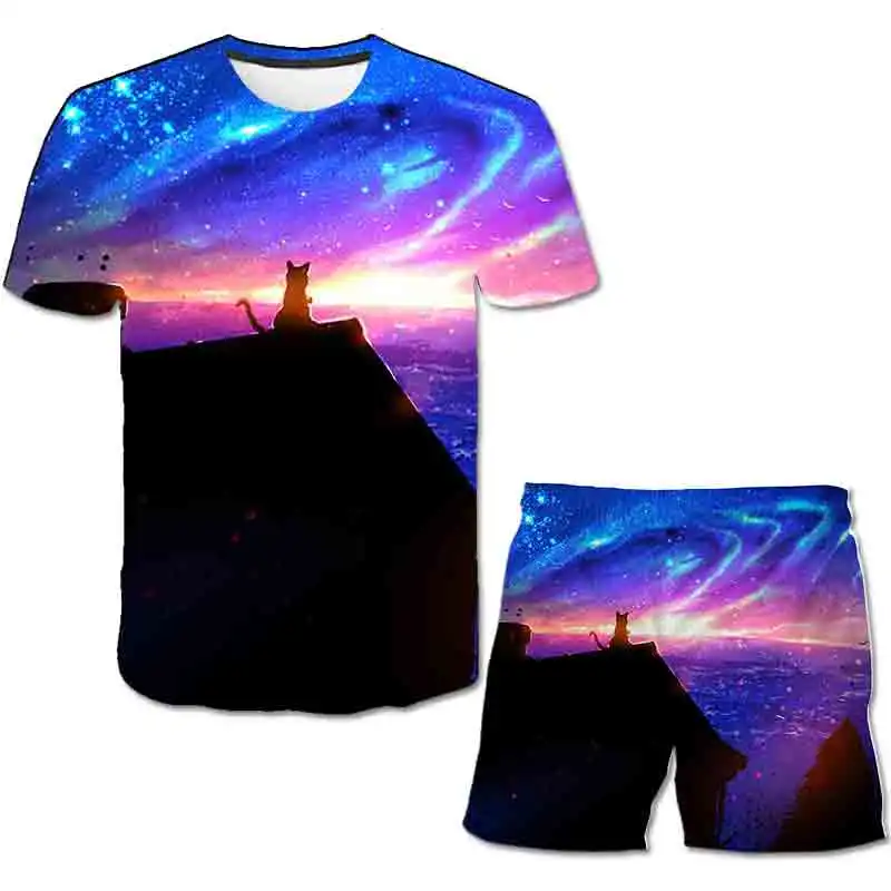 

New Cat Kids Clothes Boys Animal Outfits Children Summer Polyester Tees 4-14 Years Children Clothing T-shirt + Shorts Pants