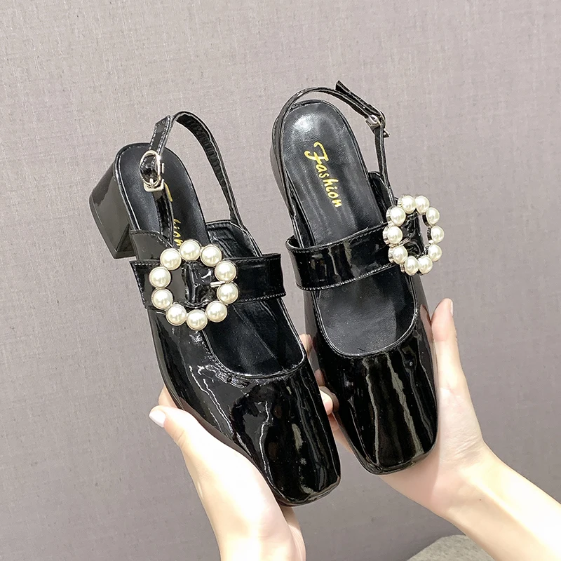 

Women Pearl Buckle Square Heel Sandals Vintage Square Toe Leather Shoes Fashion Mary Jane Shoes