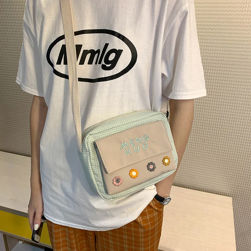 

Women Cotton Zipper Shoulder Bag Small Cotton Canvas grid Handbag Casual Tote Female Eco Crossbody Bag Vintage Messenger Bags