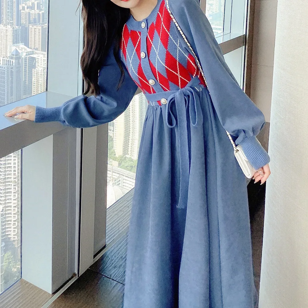 

Korean Version Japanese Dress Fashion Retro Autumn Winter Splicing Plaid Lace Knitting Round Neck Long Sleeve Base Dress