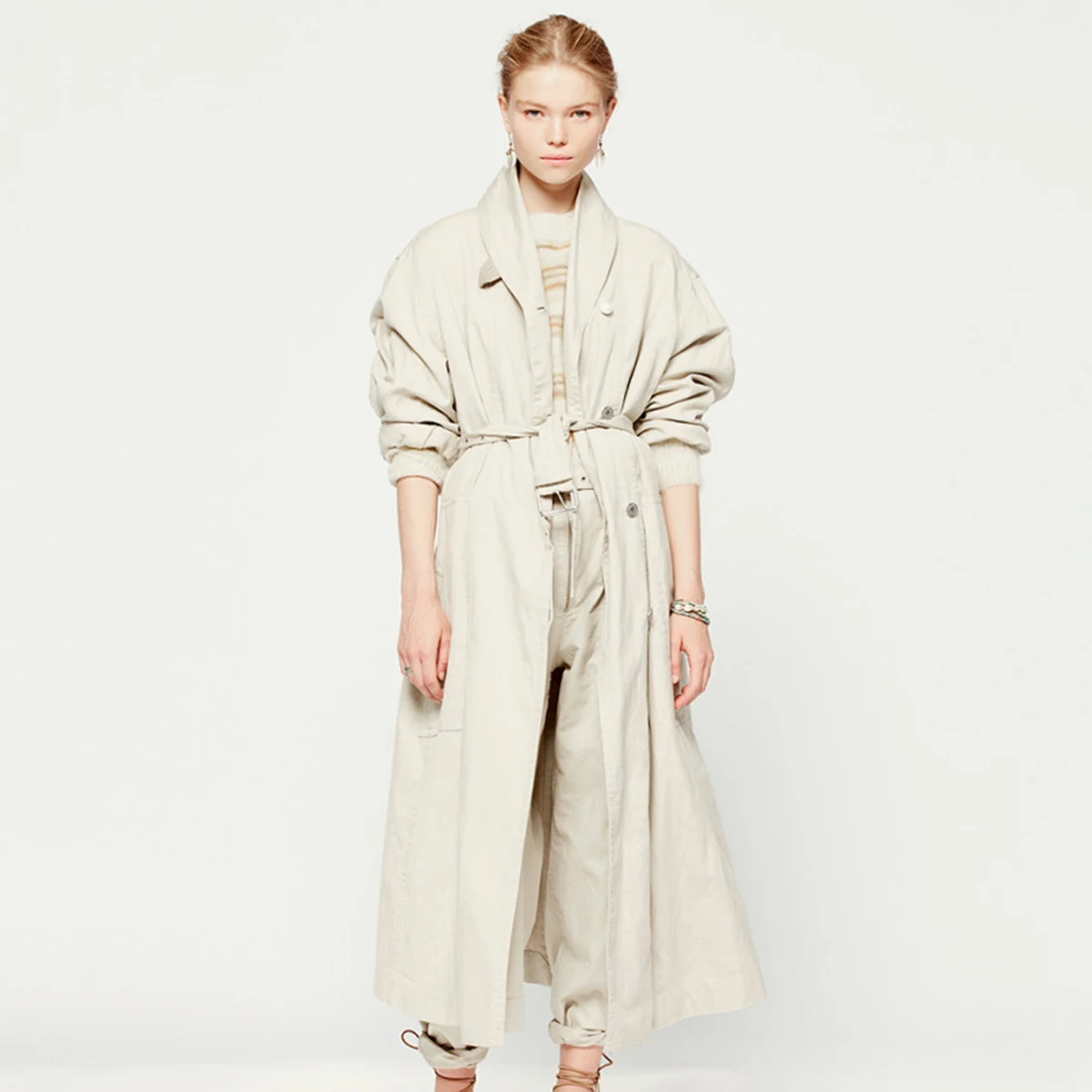 

Beige Cotton Long Trench Coat Women Autumn Winter Lapel Collar Long Sleeve Belt Female Windbreaker Lady Trend Casual Jacket 2021
