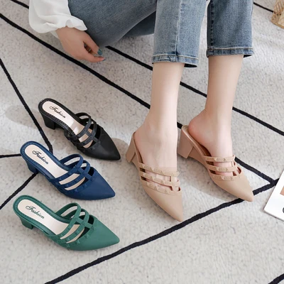 Женские Водонепроницаемые шлепанцы на среднем каблуке летние туфли танкетке