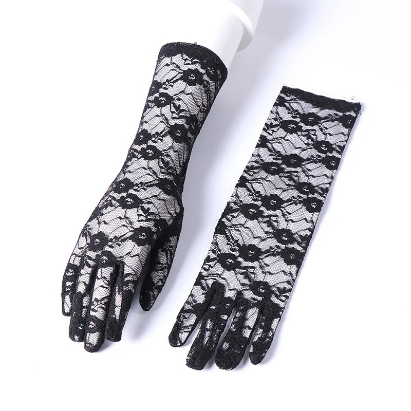 

Medium length Lace Gloves women's hollow out breathable thin five finger flower elastic mesh black dance etiquette accessories
