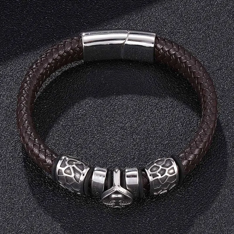 Мужской кожаный браслет с черепами модный черный широкий плетеный из