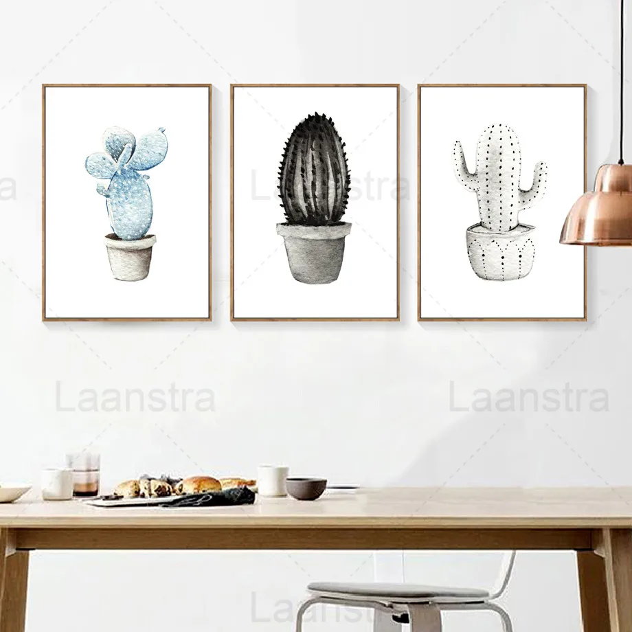 

Fresh Potted Home Decoration Painting White Blue Black Cactus Plant Living Room Canvas Painting Study Room Decor Wall Art Poster