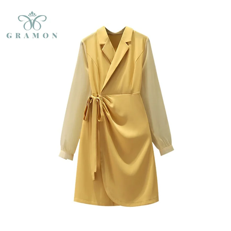 

Plus Size Blazer Dresses Vestido 2021 Women Autumn Notched-Neck Lace Up Office Lady Long Sleeve Korean Fashion Femme Long Dress