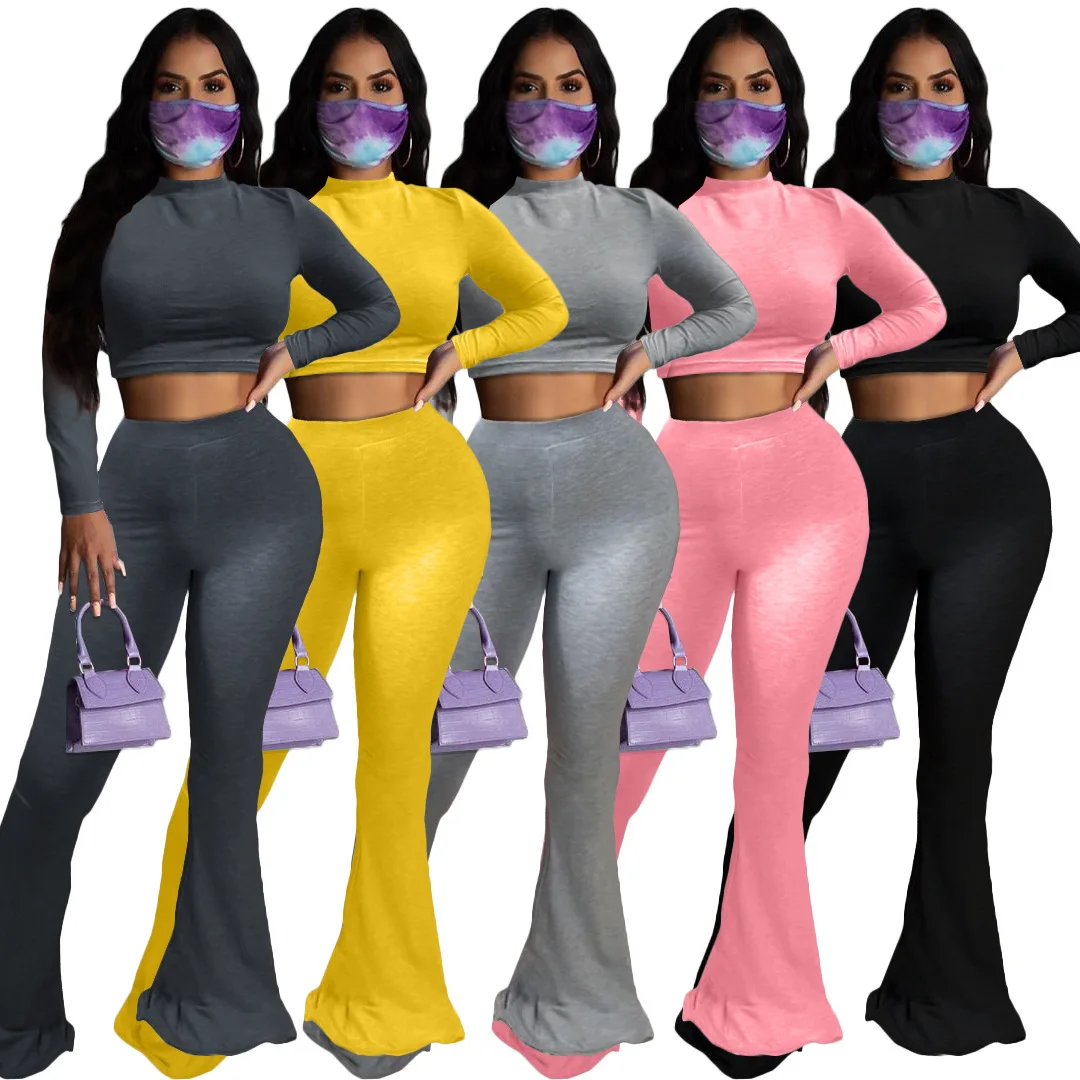

Oversized Women 2 Pieces Set Casual Fall Outfits Long Sleeve Turtleneck Pullover Crop Top + Long Flare Pants Sweatsuits S-4XL