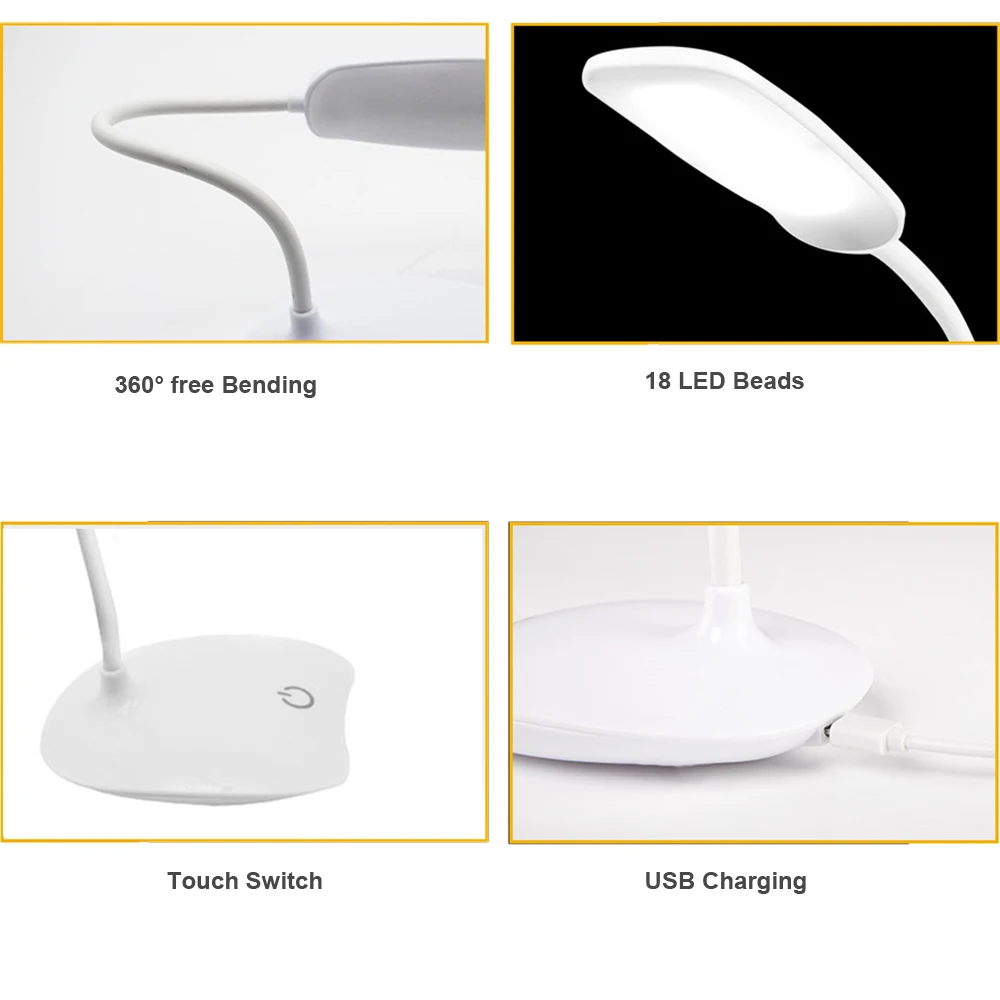 LED лампа настольная 18 светодиодный Перезаряжаемый USB, настольный светильник современный сенсорный переключатель, 3 режима, диммер, светильник для чтения и учебы, настольная лампа для спальни