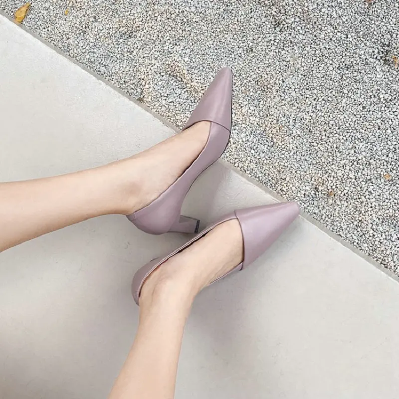 

ZawsThia Genuine Natural Leather Purple Pointed Toe Thick High Heels Women Slip-on Office Career Wedding Pumps Shoes Big Size 43